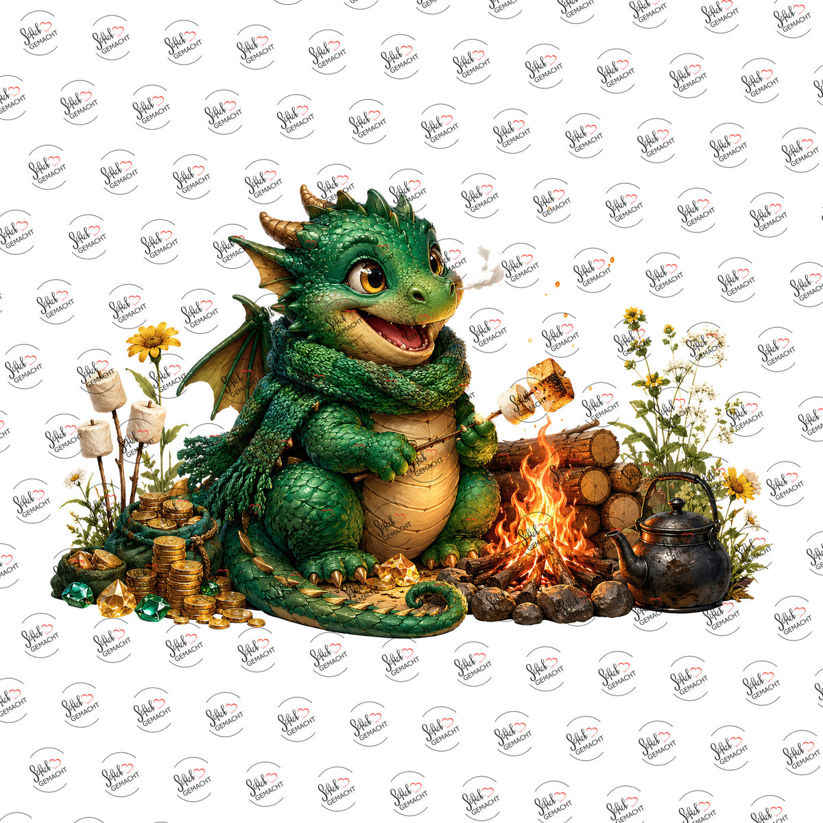 Drache am Lagerfeuer als Rub-on-Sticker, einzeln