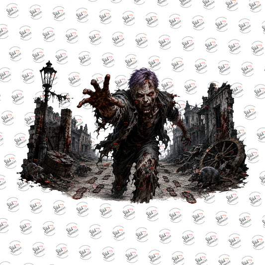 Zombie in der Ruinenstadt als Rub on Sticker, einzeln