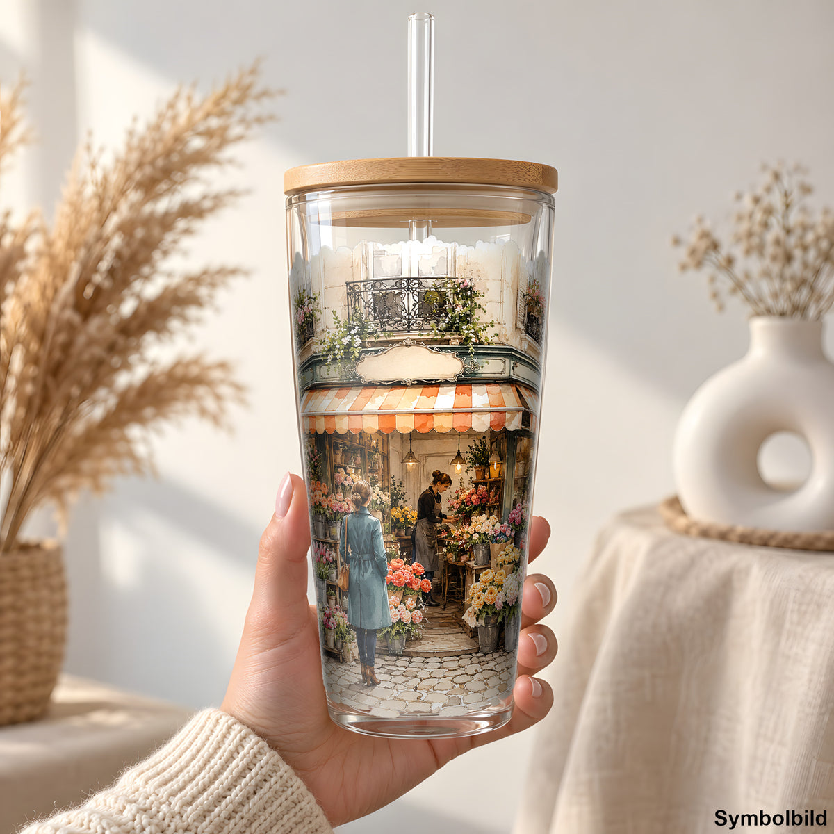 Becher-Aufkleber „Blumenladen an der Ecke“ auf einem 24oz Glasbecher