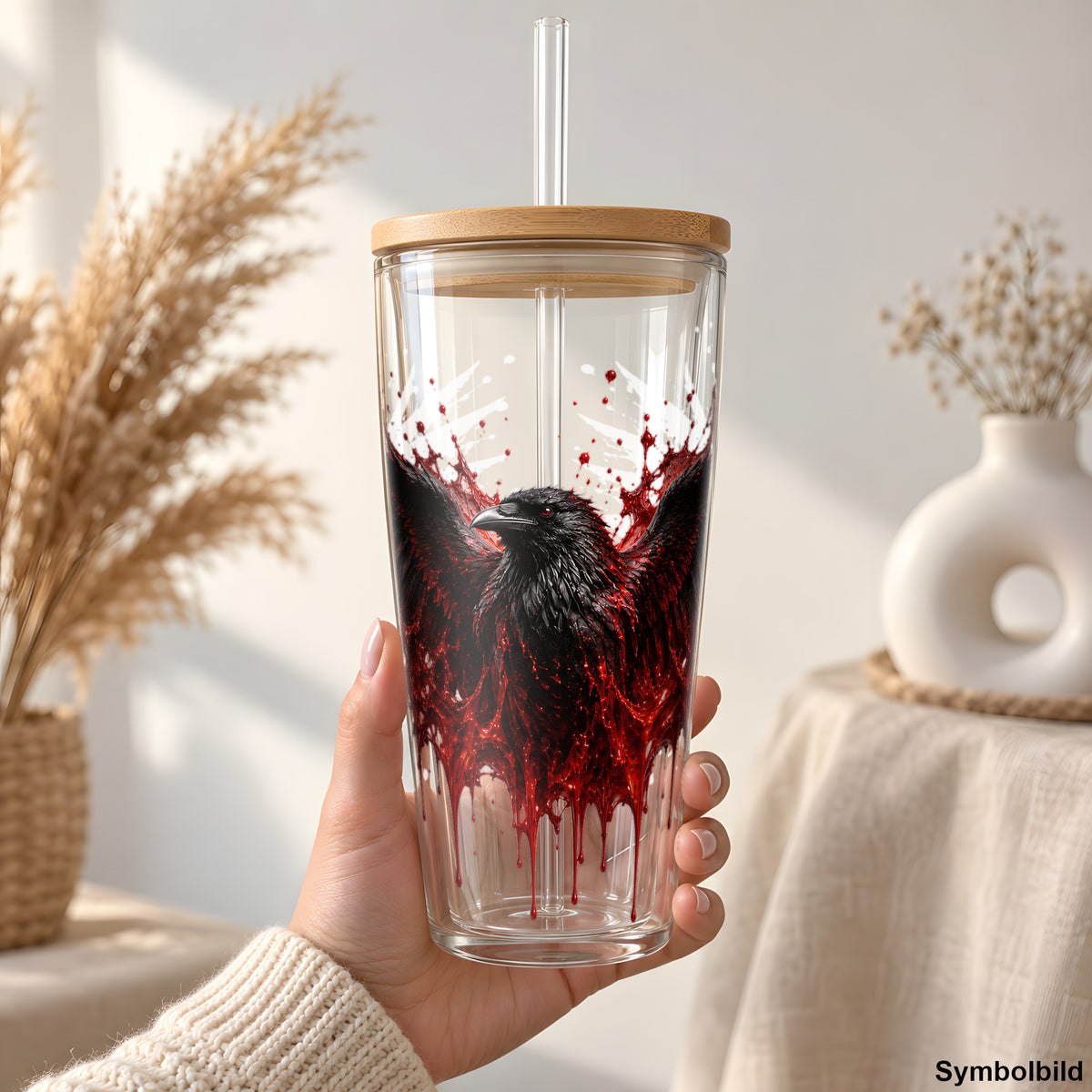 Becher-Aufkleber „Blutiger Rabe“ auf einem 24oz Glasbecher