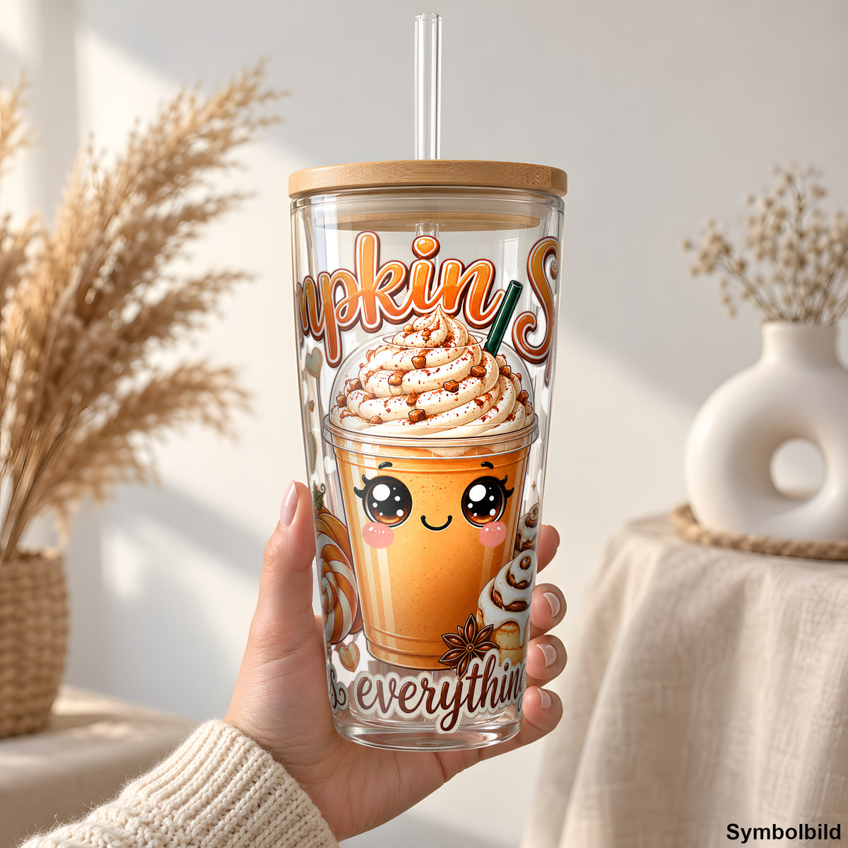 Becher-Aufkleber „Kürbis-Latte mit Schriftzug“ auf einem 24oz Glasbecher