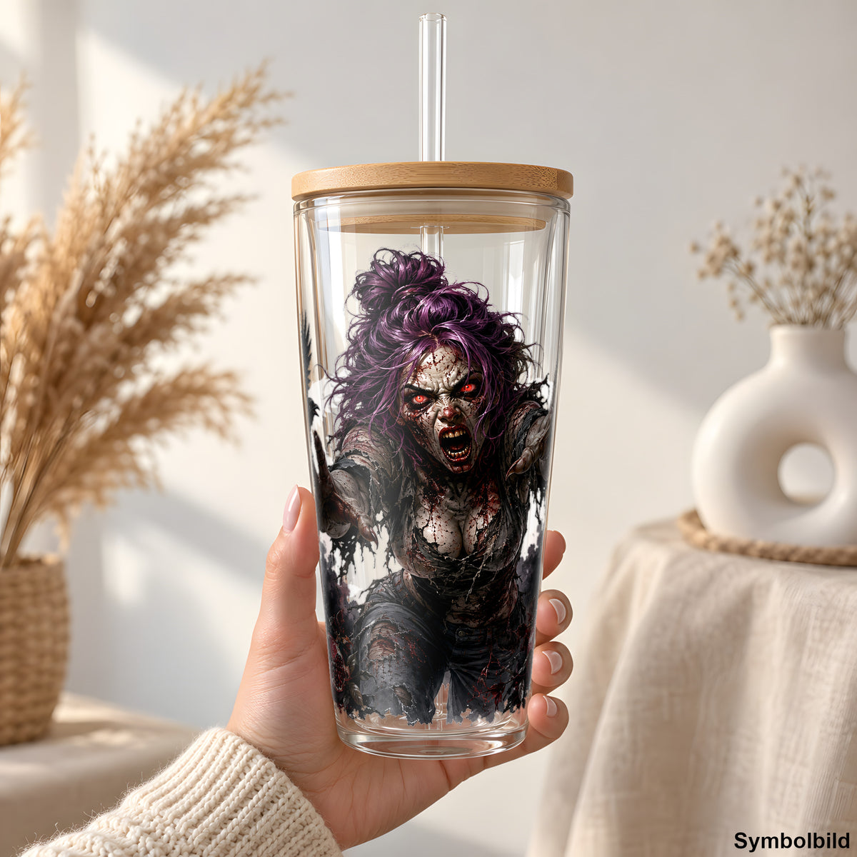 Becher-Aufkleber „Untote und Raben“ auf einem 24oz Glasbecher