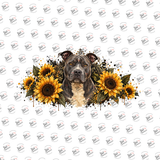 Blue Staffy in Sonnenblumen als Rub-on-Sticker, einzeln