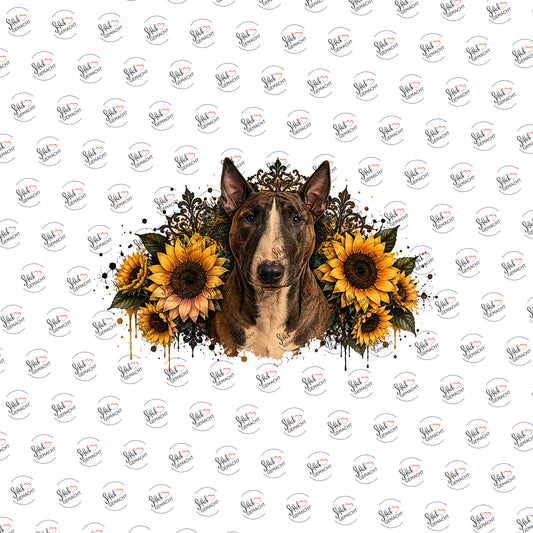 Bullterrier in Sonnenblumen als Rub-on-Sticker, einzeln