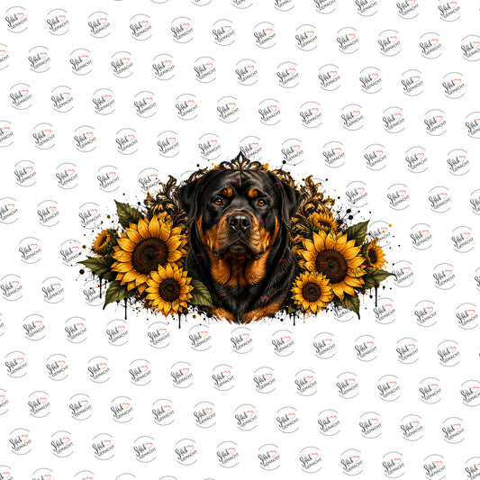Rottweiler im Sonnenblumenkranz als Rub-on-Sticker, einzeln