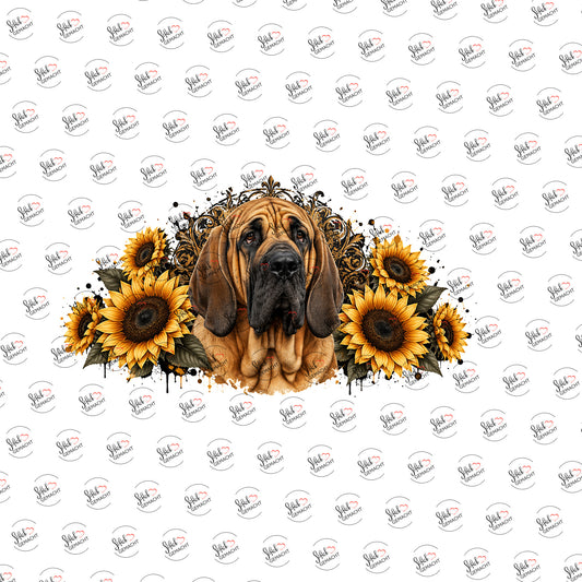 Bluthund im Sonnenblumenkranz als Rub-on-Sticker, einzeln