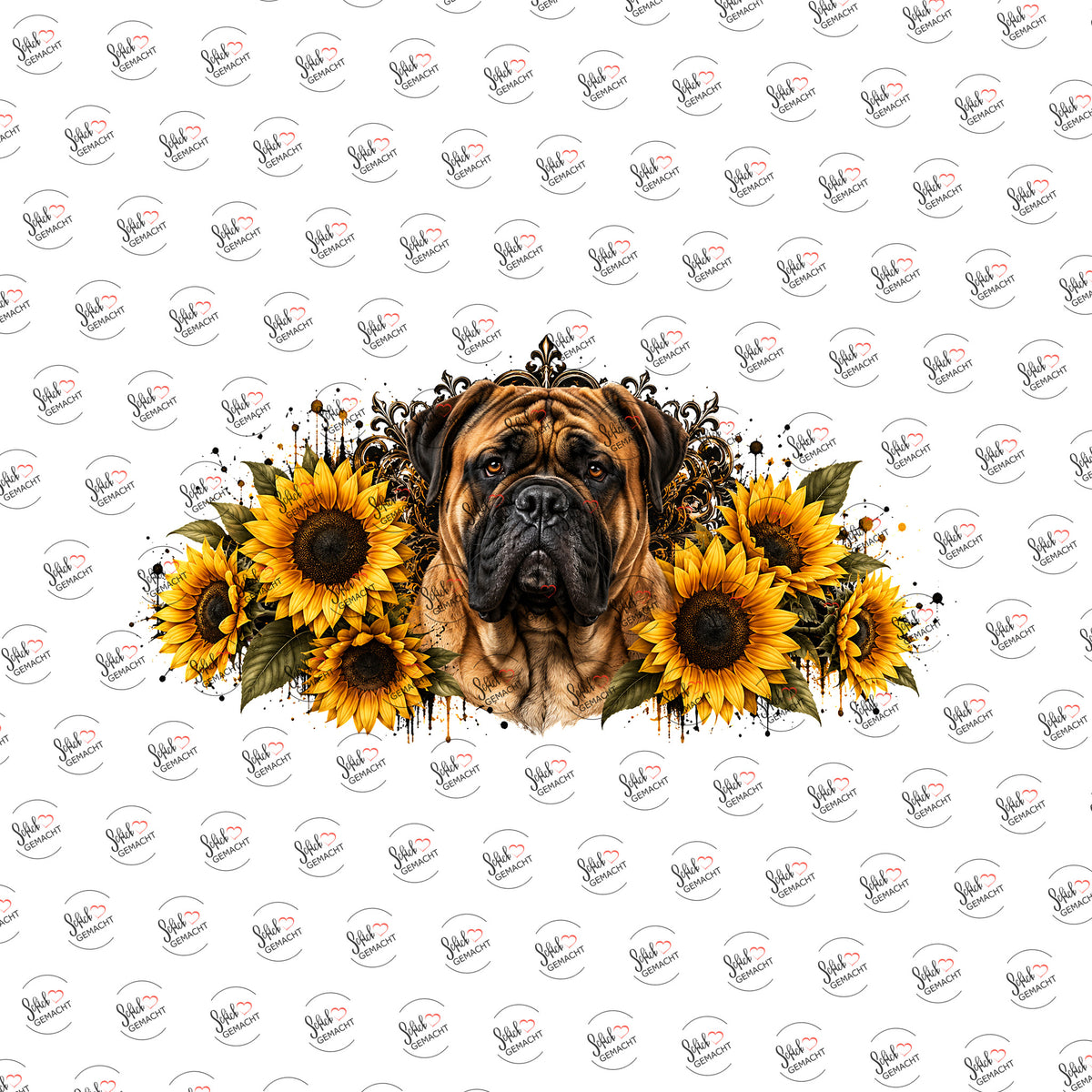 Bullmastiff in Sonnenblumen als Rub-on-Sticker, einzeln