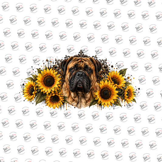 Bullmastiff in Sonnenblumen als Rub-on-Sticker, einzeln