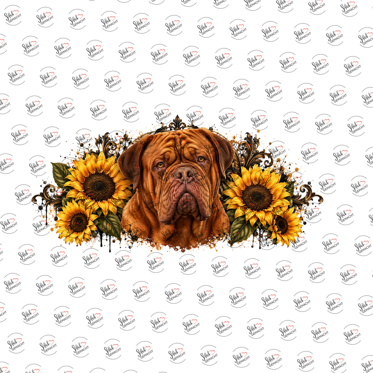 Bordeauxdogge in Sonnenblumen als Rub-on-Sticker, einzeln