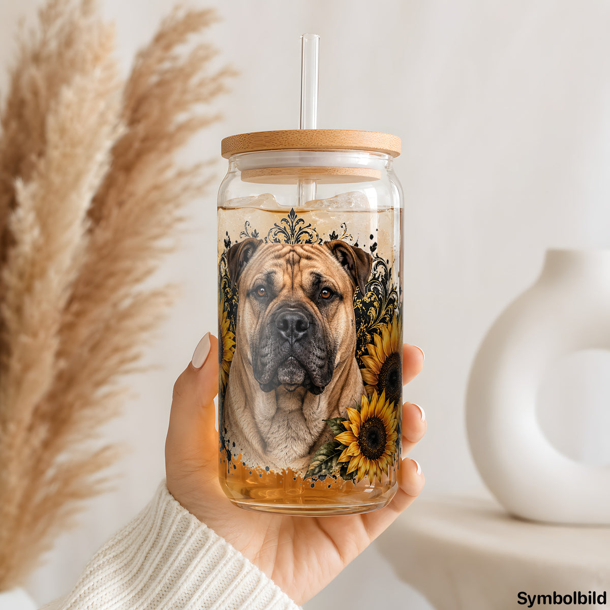 Becher-Aufkleber „Boerboel im Blumenkranz“ auf einem 16oz Glasbecher