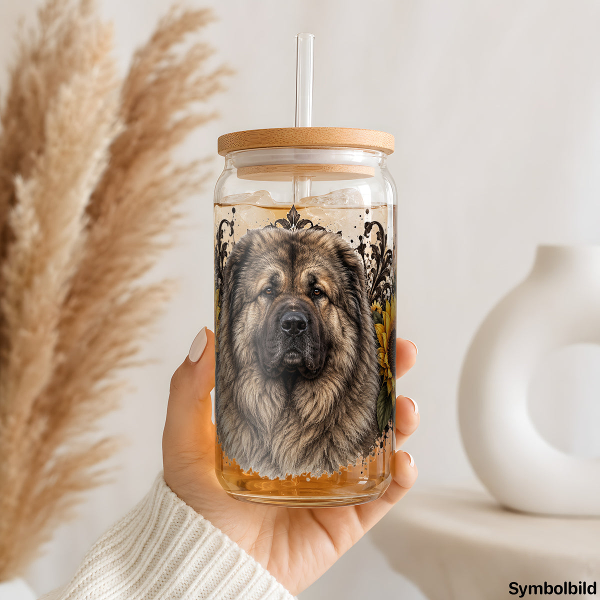 Becher-Aufkleber „Owtscharka in Sonnenblumen“ auf einem 16oz Glasbecher