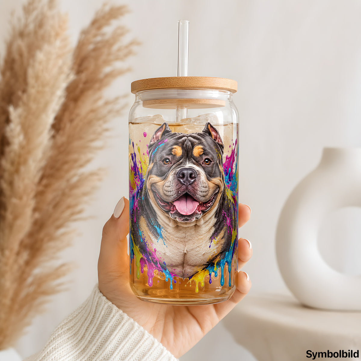 Becher-Aufkleber „American Bully im Farbrausch“ auf einem 16oz Glasbecher