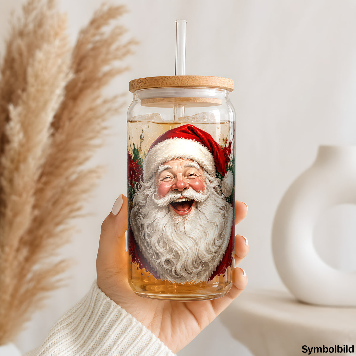 Becher-Aufkleber „Santa Splash“ auf einem 16oz Glasbecher