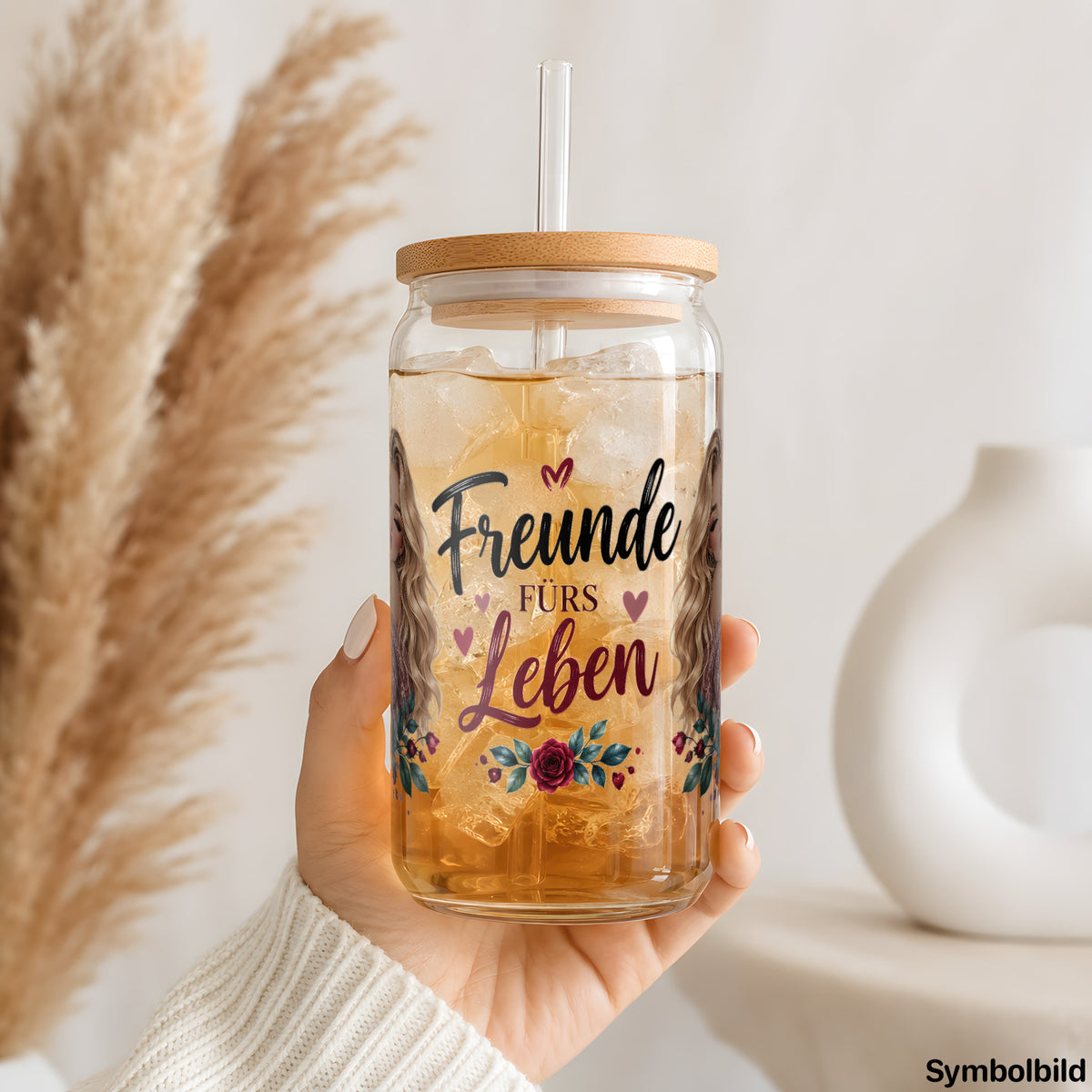Becher-Aufkleber „Freunde fürs Leben“ auf einem 16oz Glasbecher