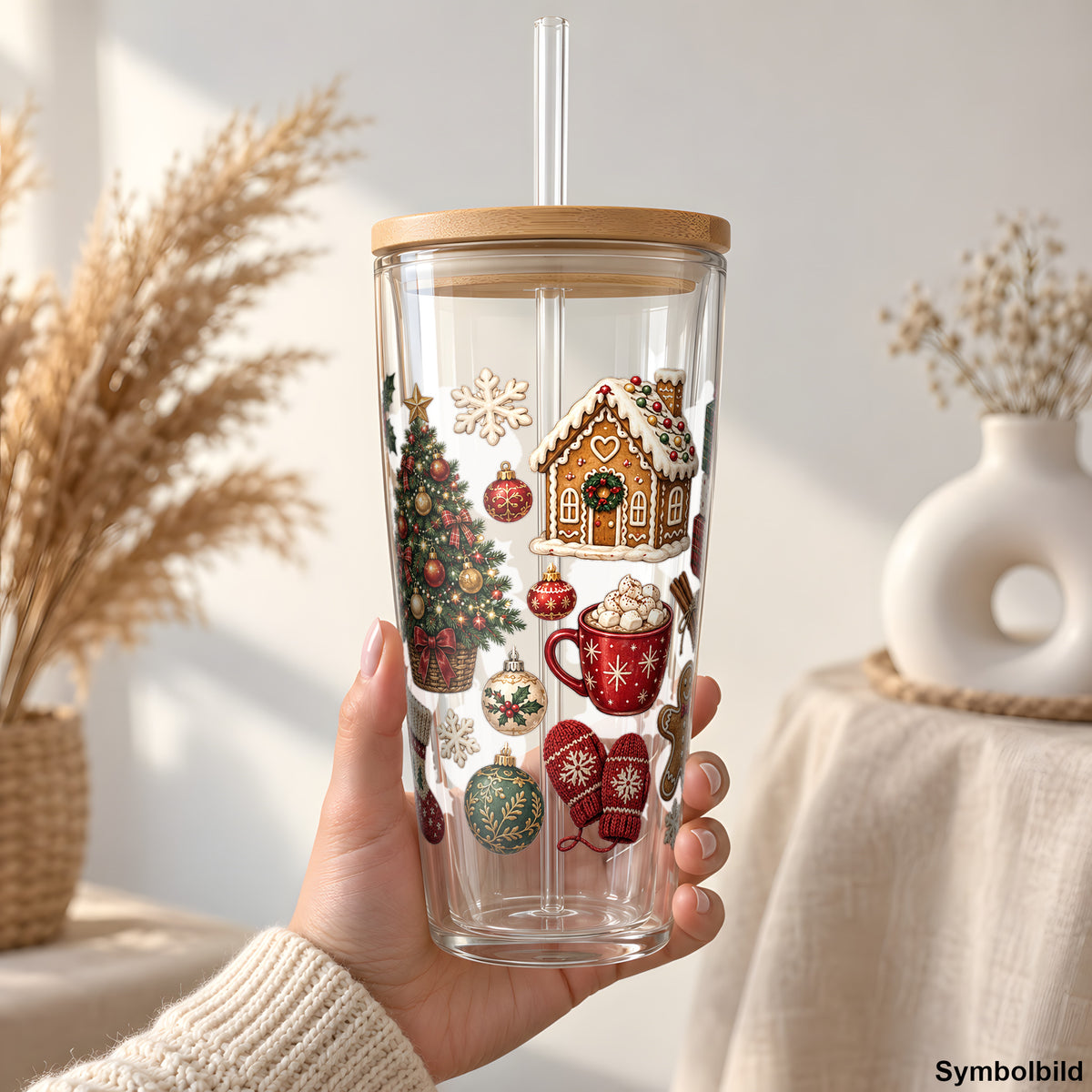 Becher-Aufkleber „Klassische Weihnachten mit Nussknacker“ auf einem 24oz Glasbecher