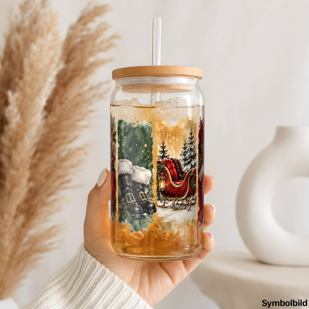 Becher-Aufkleber „Weihnachtsmann in Streifen“ auf einem 16oz Glasbecher