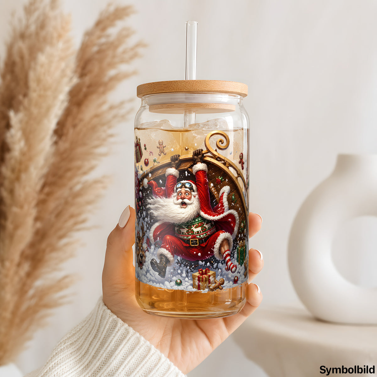 Becher-Aufkleber „Weihnachtsmann mit Schlitten-Bruchlandung“ auf einem 16oz Glasbecher