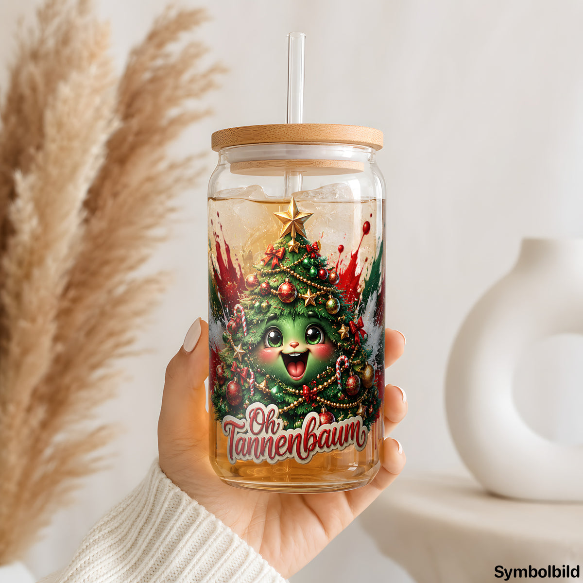 Becher-Aufkleber „Tannenbaum in Farbexplosion: Oh Tannenbaum“ auf einem 16oz Glasbecher