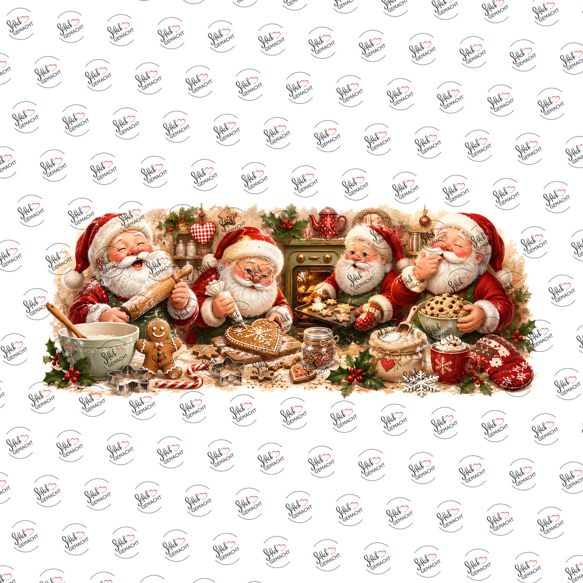 Weihnachtsmänner in der Backstube als Rub-on-Sticker, einzeln