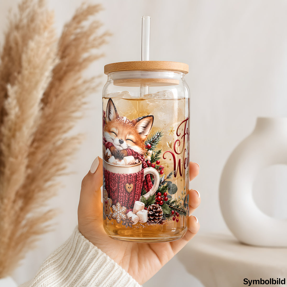 Becher-Aufkleber „Fuchs in der Tasse: Frohe Weihnachten“ auf einem 16oz Glasbecher