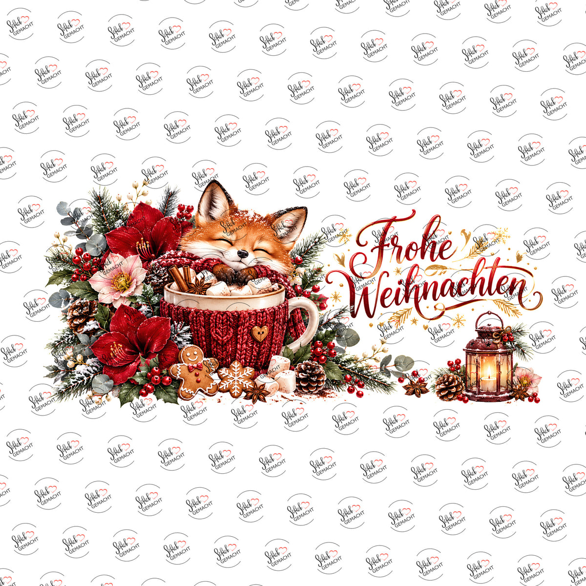 Fuchs in der Tasse: Frohe Weihnachten als Rub-on-Sticker, einzeln