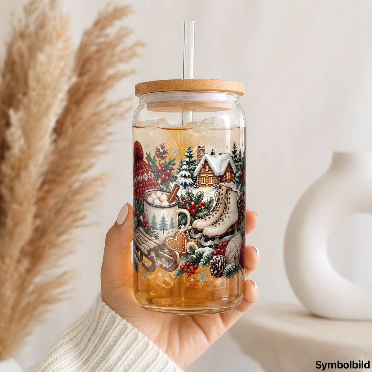 Becher-Aufkleber „Gemütlicher Winterkram“ auf einem 16oz Glasbecher