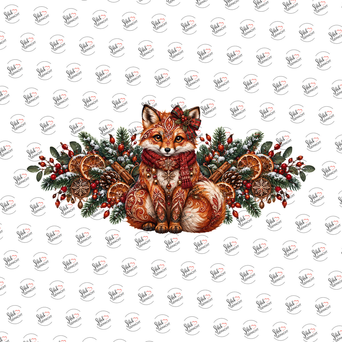 Ornament-Fuchs mit Orangenscheiben als Rub-on-Sticker, einzeln