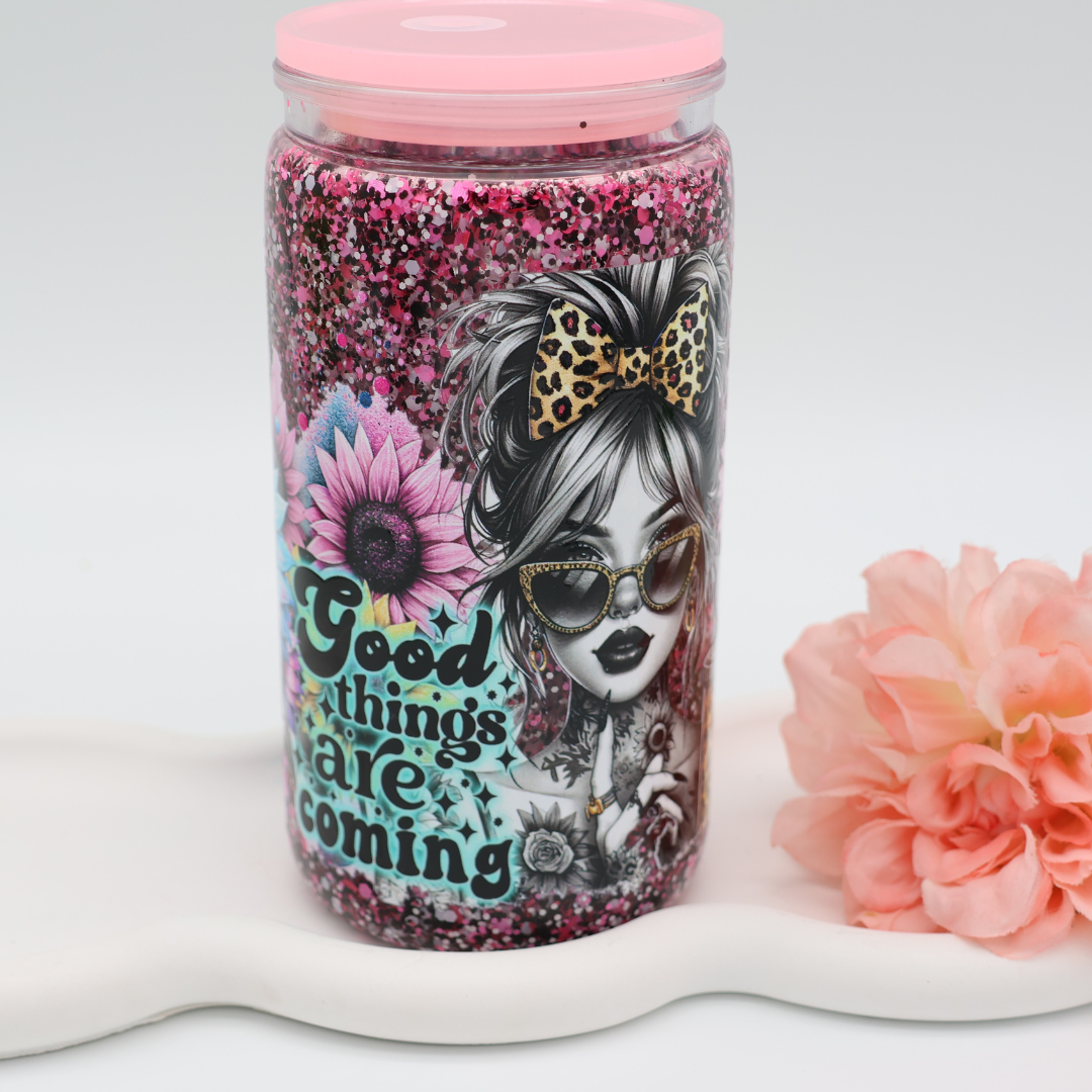 Snowglobe- / Glitzer-Becher - quick Flow - black pink girlie