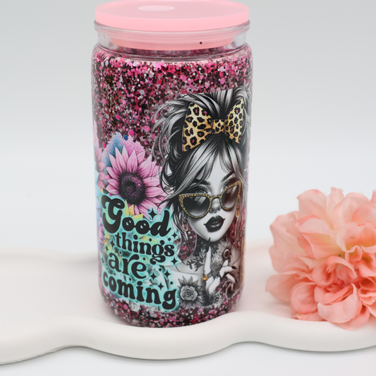 Snowglobe- / Glitzer-Becher - quick Flow - black pink girlie