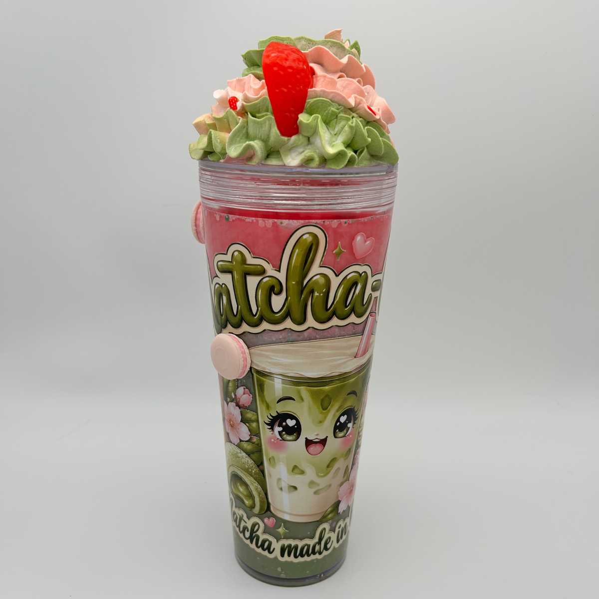 Matcha Latte 3D Becher 700ml | Lava Becher mit Deko-Sahne-Deckel und Strohhalm