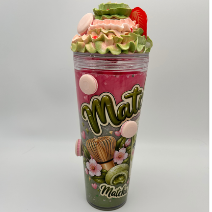 Matcha Latte 3D Becher 700ml | Lava Becher mit Deko-Sahne-Deckel und Strohhalm