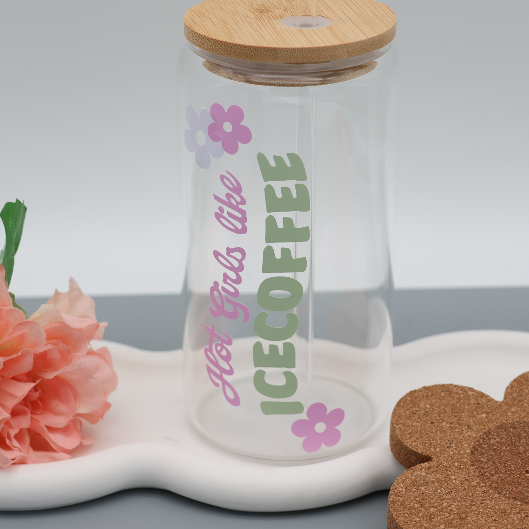 Hot Girls like ICECOFFEE | Trinkglas 500 ml | Strohhalm + Deckel
