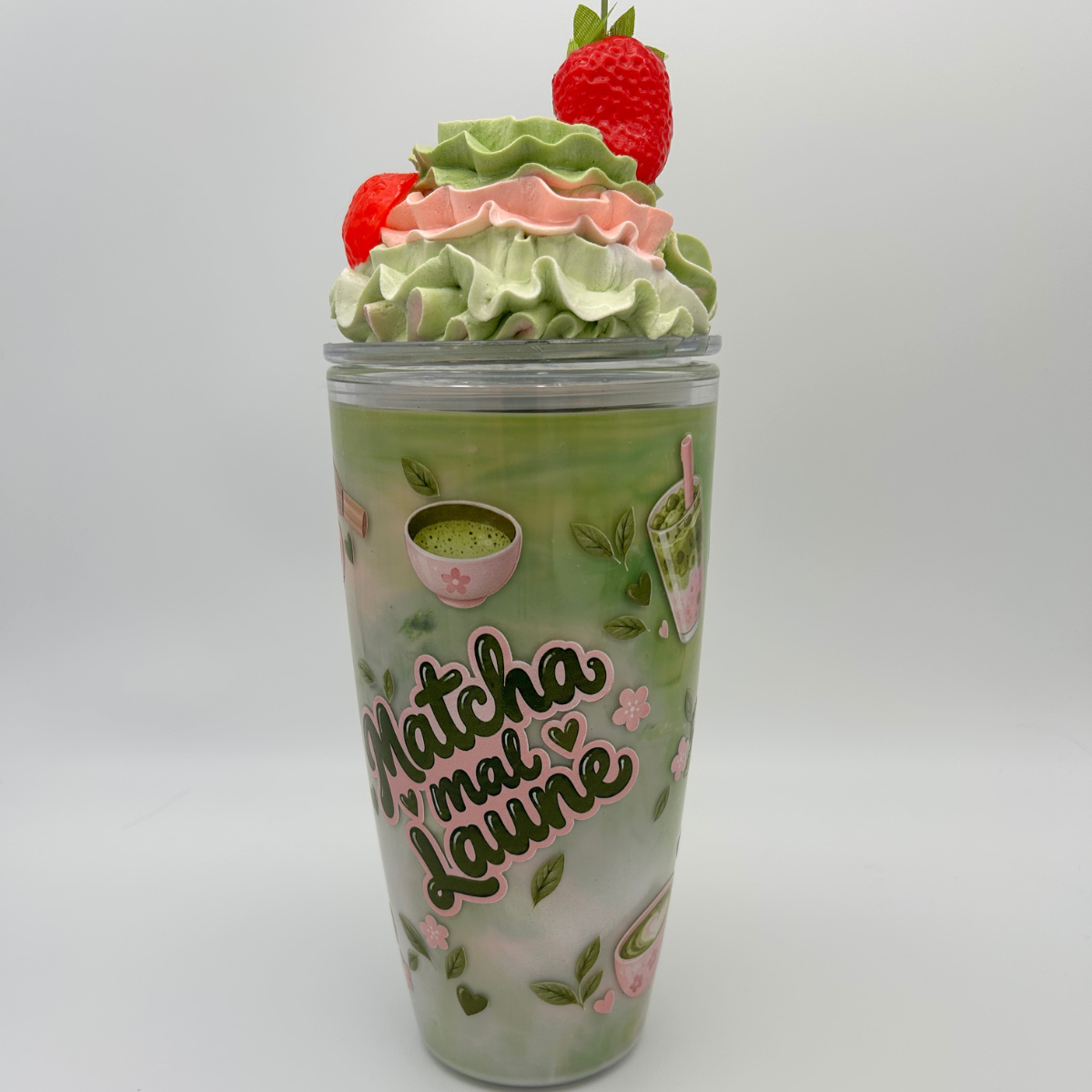 Matcha mal Laune Becher 800ml | Aloe Becher mit Deko-Sahne-Deckel und Strohhalm