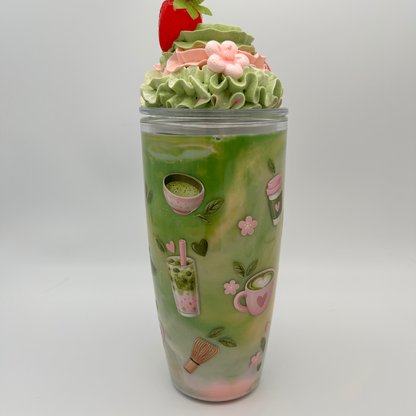 Matcha mal Laune Becher 800ml | Aloe Becher mit Deko-Sahne-Deckel und Strohhalm