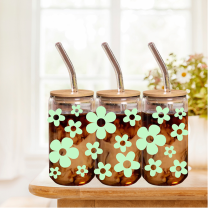 Boho Blumen | Trinkglas 500 ml | Strohhalm + Deckel