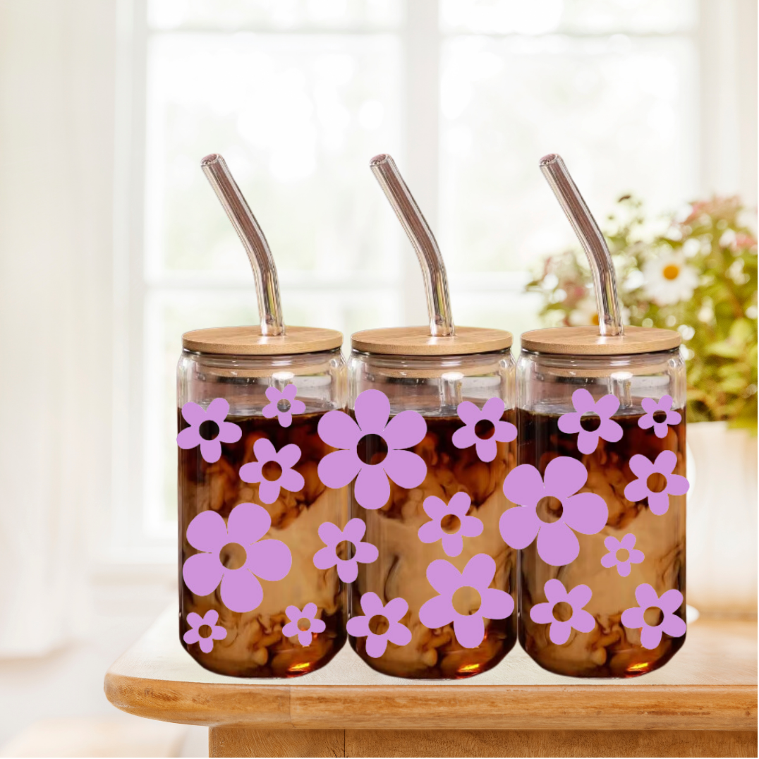 Boho Blumen | Trinkglas 500 ml | Strohhalm + Deckel