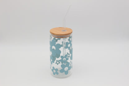 Boho Blumen | Trinkglas 500 ml | Strohhalm + Deckel