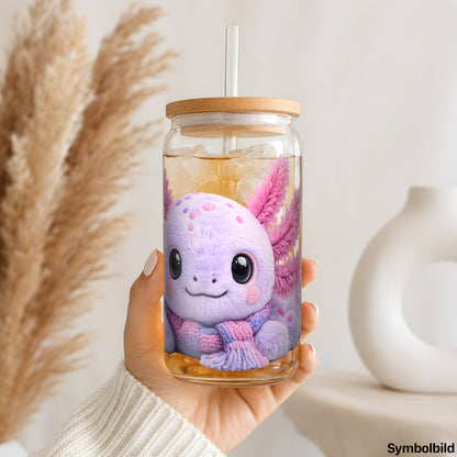 Plüsch-Axolotl-Aufkleber auf einem 16oz Glasbecher