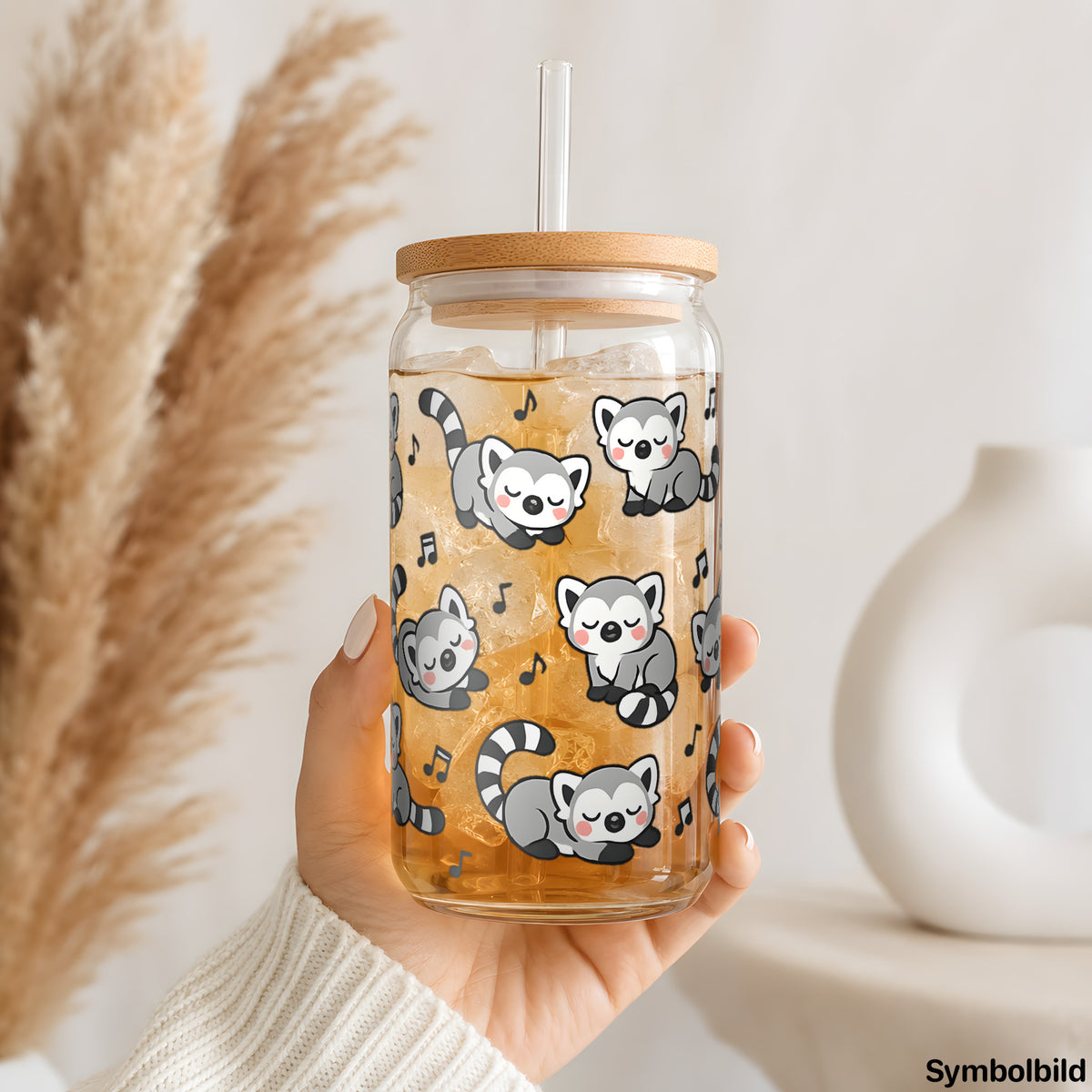 Becher-Aufkleber „Lemuren im Notenmuster“ auf einem 16oz Glasbecher