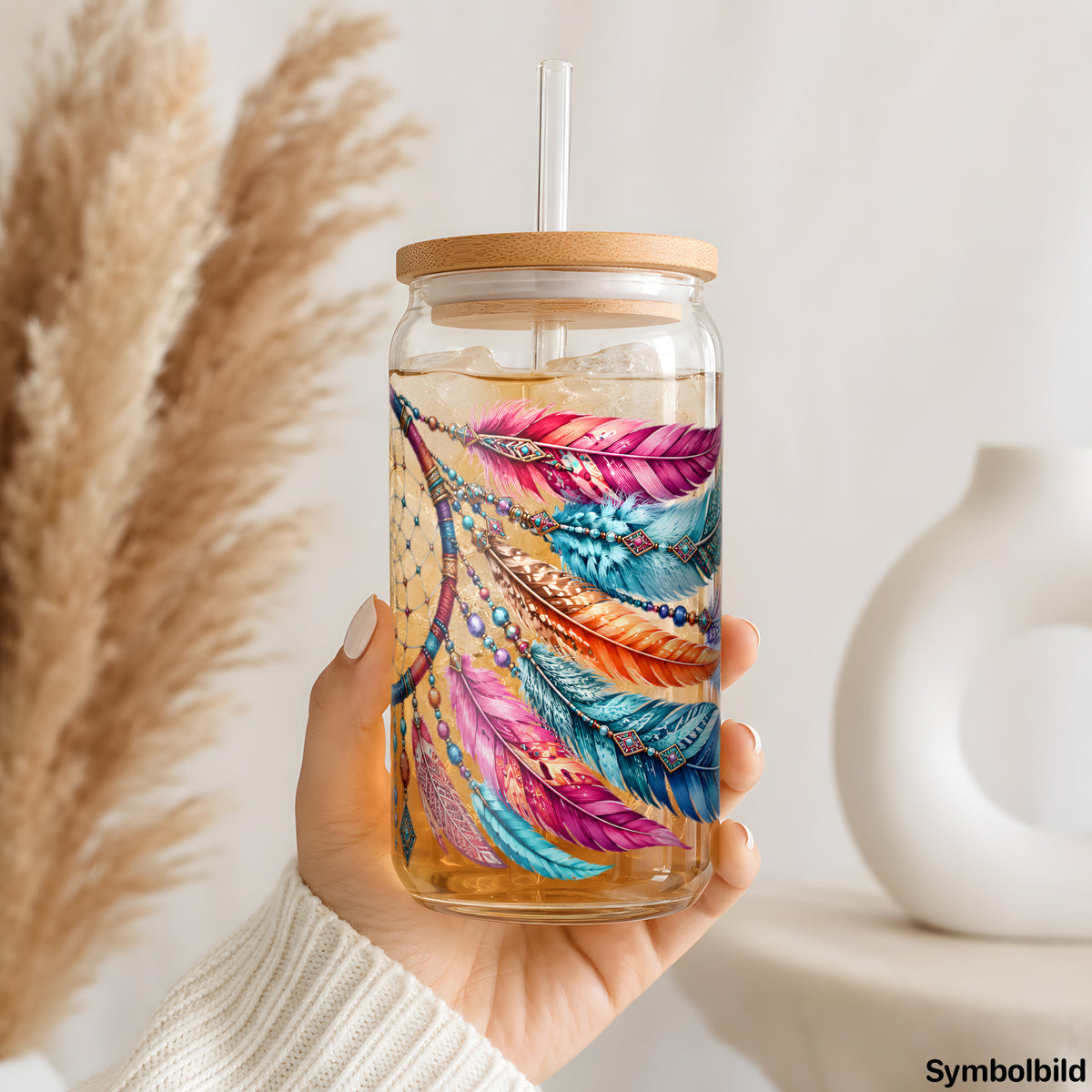 Becher-Aufkleber „Traumfänger mit Federfächer“ auf einem 16oz Glasbecher