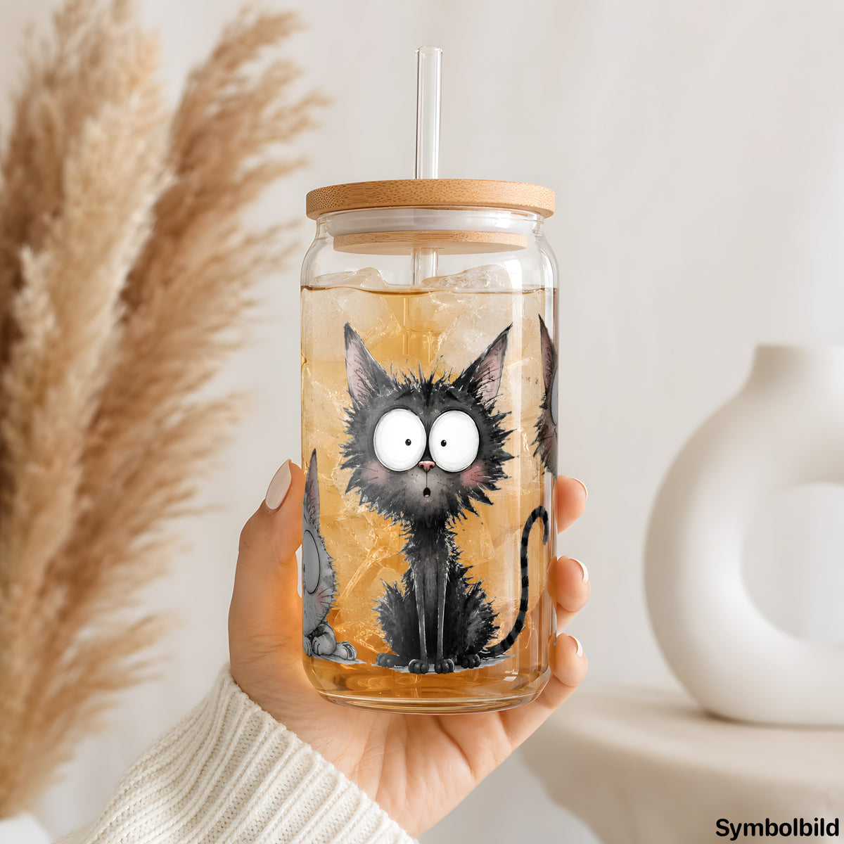 Becher-Aufkleber „Skurrile Katzen“ auf einem 16oz Glasbecher
