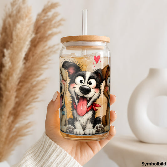 Becher-Aufkleber „Fröhliche Hundebande“ auf einem 16oz Glasbecher