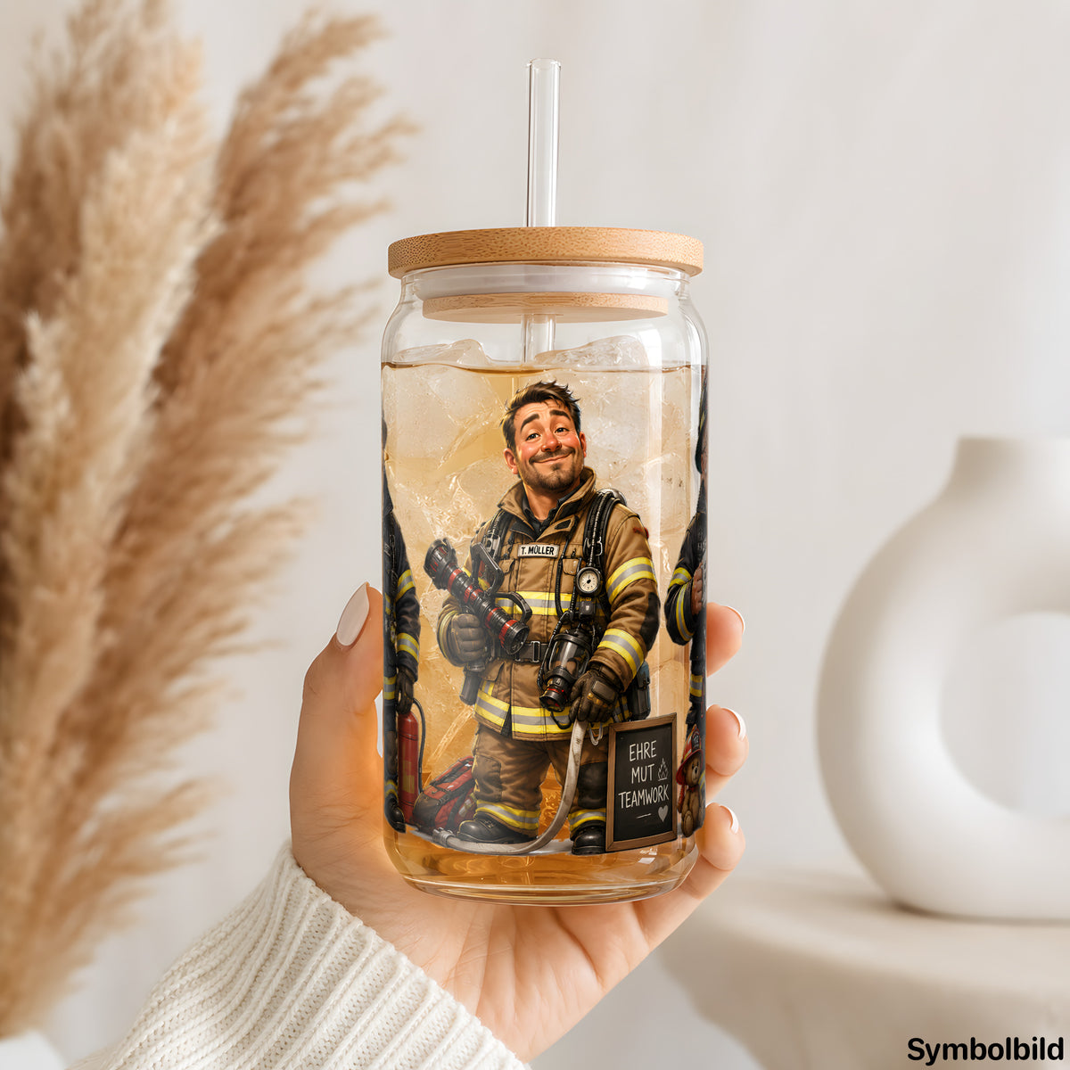 Feuerwehr-Trio-Aufkleber auf einem 16oz Glasbecher