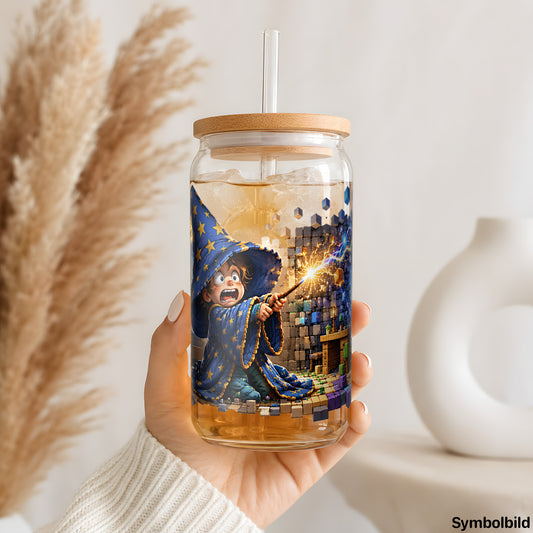Becher-Aufkleber „Zauberer im Kinderzimmer“ auf einem 16oz Glasbecher
