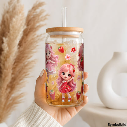 Erdbeer-Mädchen-Aufkleber auf einem 16oz Glasbecher