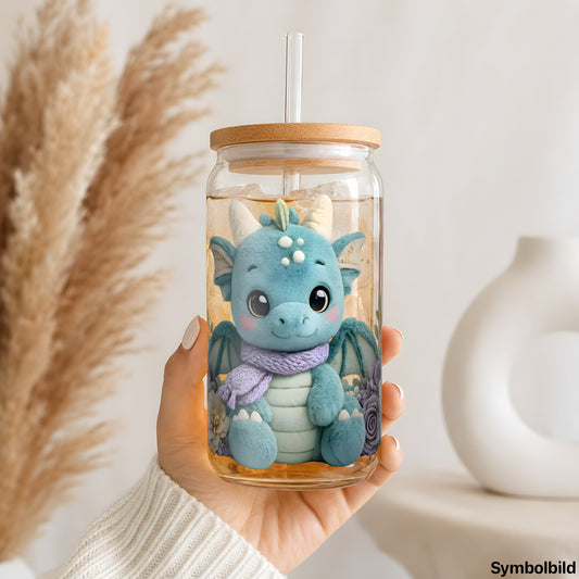 Becher-Aufkleber „Plüschdrache mit Blüten“ auf einem 16oz Glasbecher