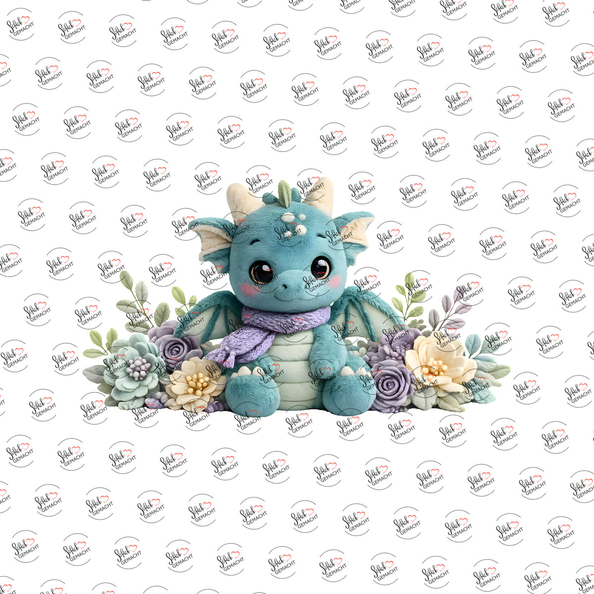 Plüschdrache mit Blüten als Rub-on-Sticker, einzeln
