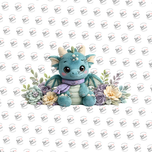 Plüschdrache mit Blüten als Rub-on-Sticker, einzeln