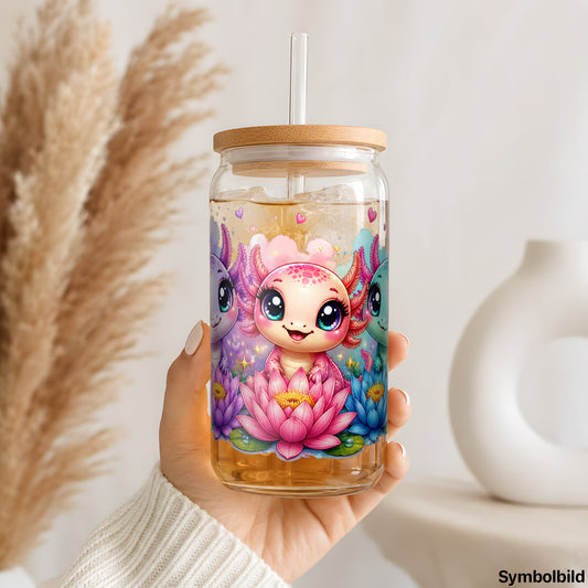 Becher-Aufkleber „Axolotl auf Seerosen“ auf einem 16oz Glasbecher