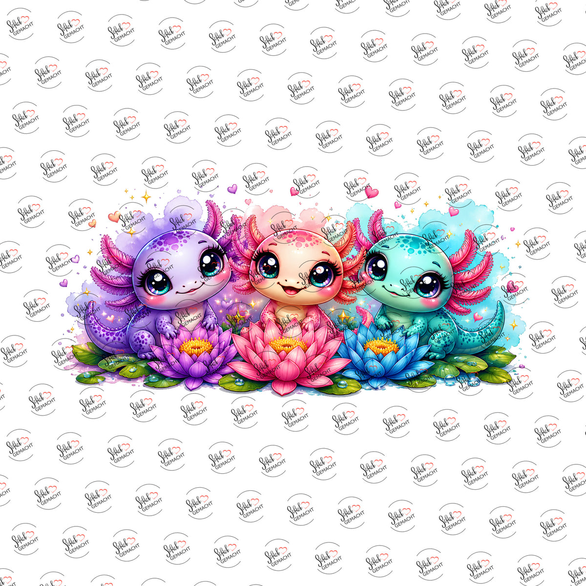 Axolotl auf Seerosen als Rub-on-Sticker, einzeln